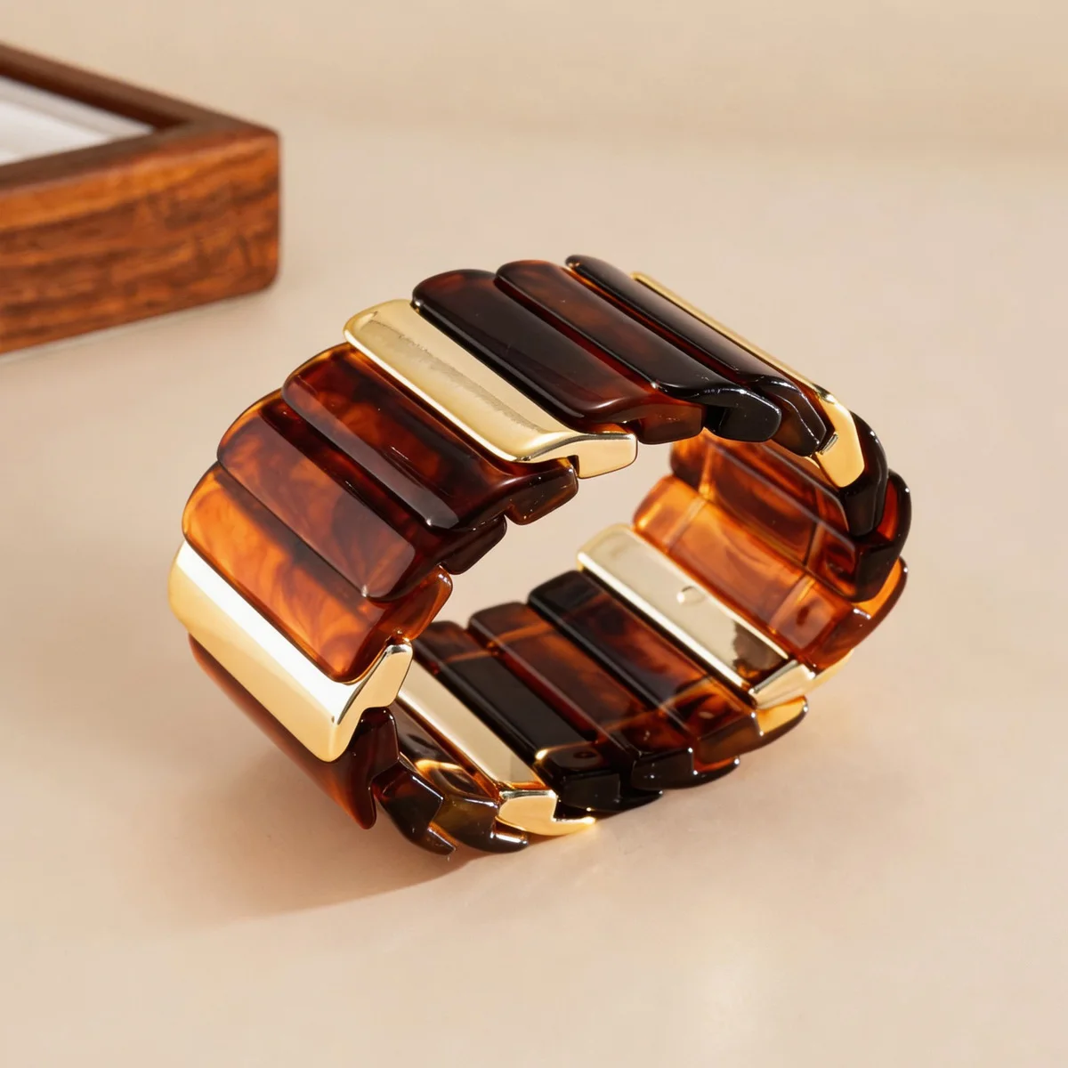 Bracelet Résine Ambre Cognac Or Doré Zinc Alloy
