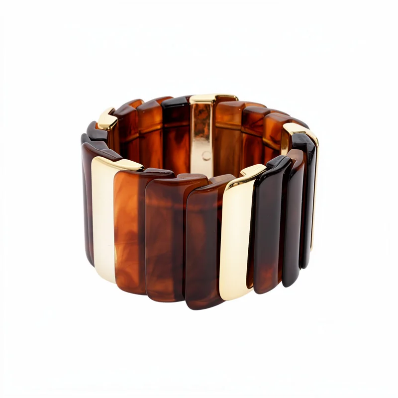 Bracelet Résine Ambre Cognac Or Doré Zinc Alloy