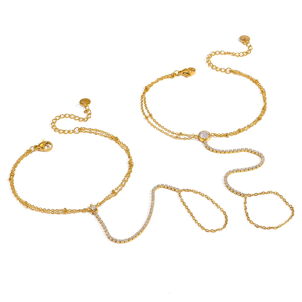Bracelet Chaîne de Doigt Ajustable Doré 18K Strass