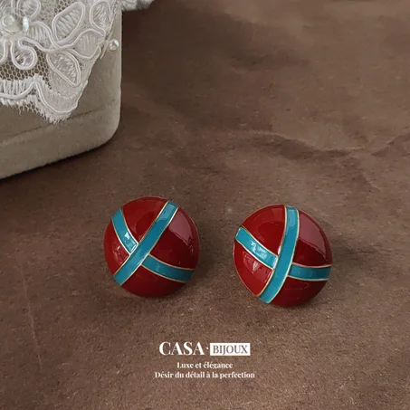 R- Boucles d'oreilles à clou rondes géométriques 3D couleur rouge vin