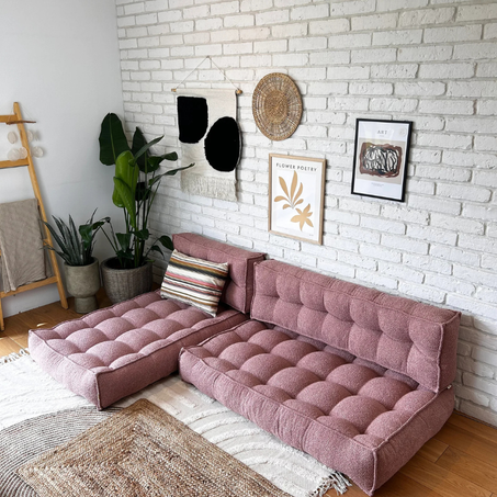 Canapé modulable en tissu bouclette rose – Coin détente fluffy & cocooning