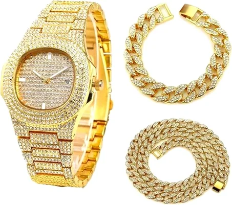 ساعة فاخرة + سوار + قلادة مرصعة بأحجار الراين والزركونيا المكعبة - توصيل مجاني 24 ساعة