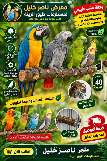 وقفة خشب طبيعي للطيور 40 سم - آمنة ومريحة     Natural wood stand, 40 cm size.