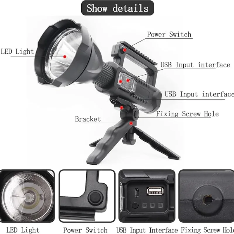 Projecteur de chasse solaire de 1500 lumens, power bank, lumière latérale de camping, lumière d’avertissement