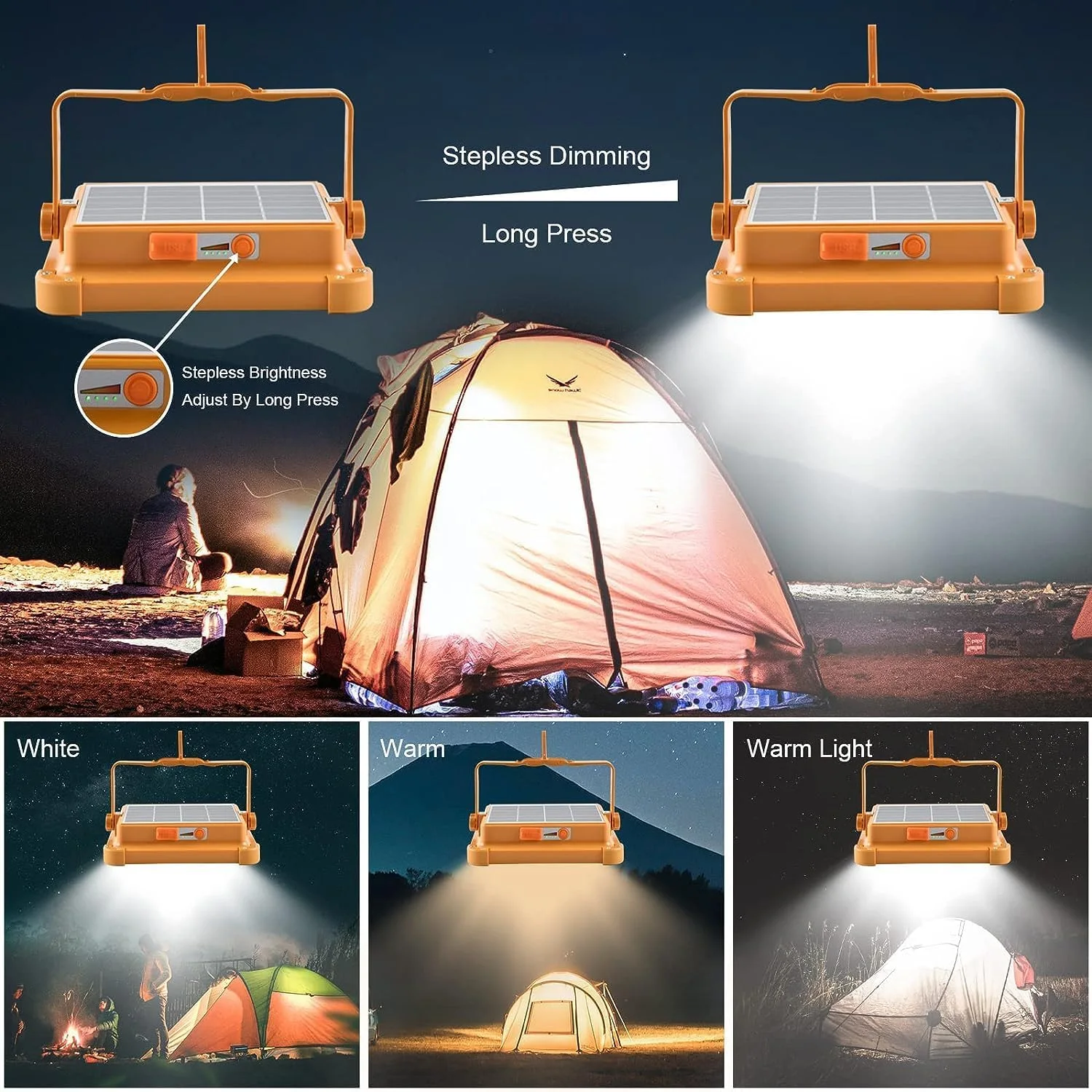 Projecteur LED Solaire Portable & Powerbank – Lampe de Camping Rechargeable (USB/Solaire)
