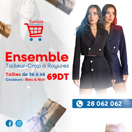 Ensemble Tailleur-Crop à Rayures