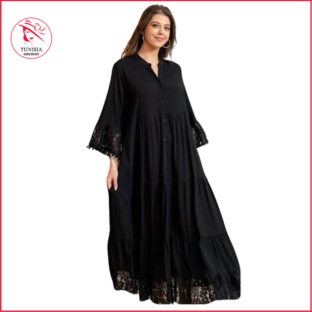 Robe longue noire avec détails en dentelle (R07)