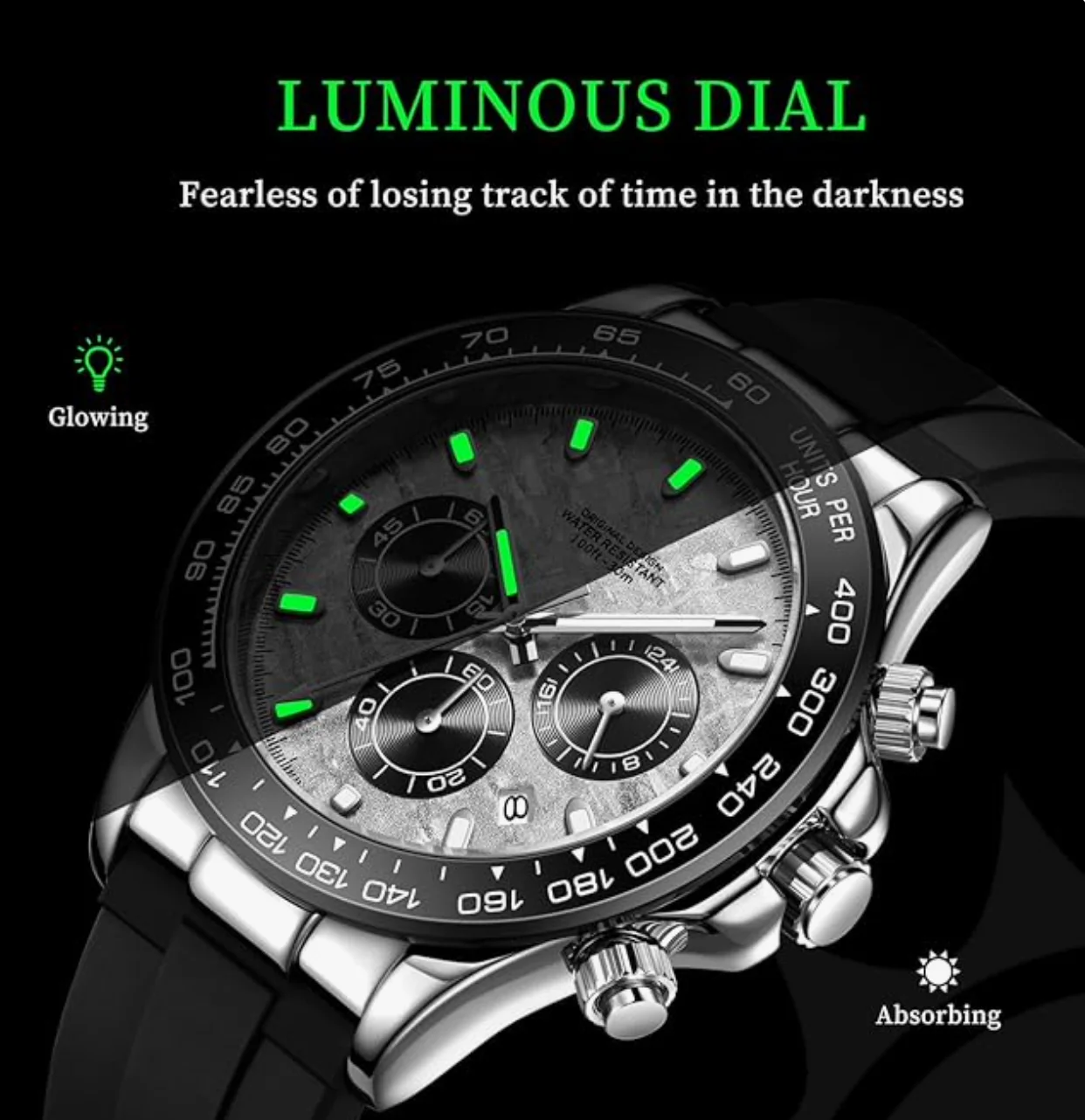 TERRIFI Multifunctional Men’s Watch, Black Quartz Analog Wrist Watch, Waterproof Sport Watch with Luminous Display, Calendar & Chronograph Timer, for Men