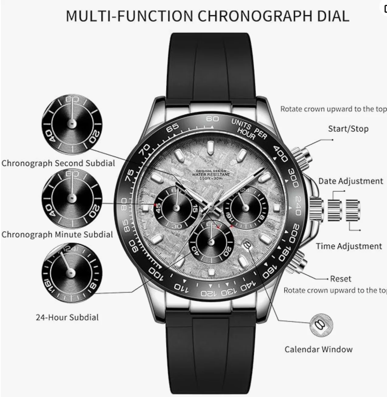 TERRIFI Multifunctional Men’s Watch, Black Quartz Analog Wrist Watch, Waterproof Sport Watch with Luminous Display, Calendar & Chronograph Timer, for Men