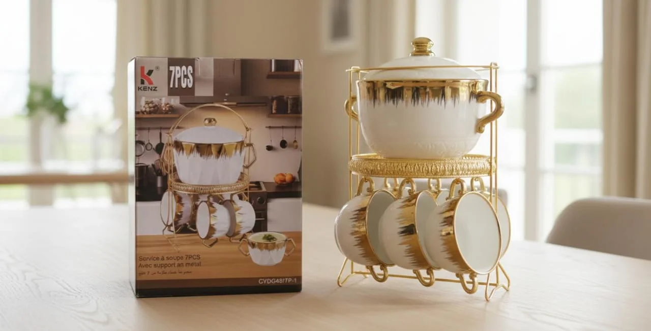 طقم شوربة سيراميك 7 قطع مع حامل معدني ذهبي