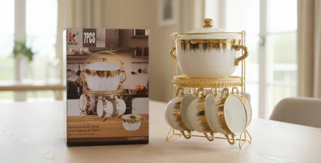 طقم شوربة سيراميك 7 قطع مع حامل معدني ذهبي