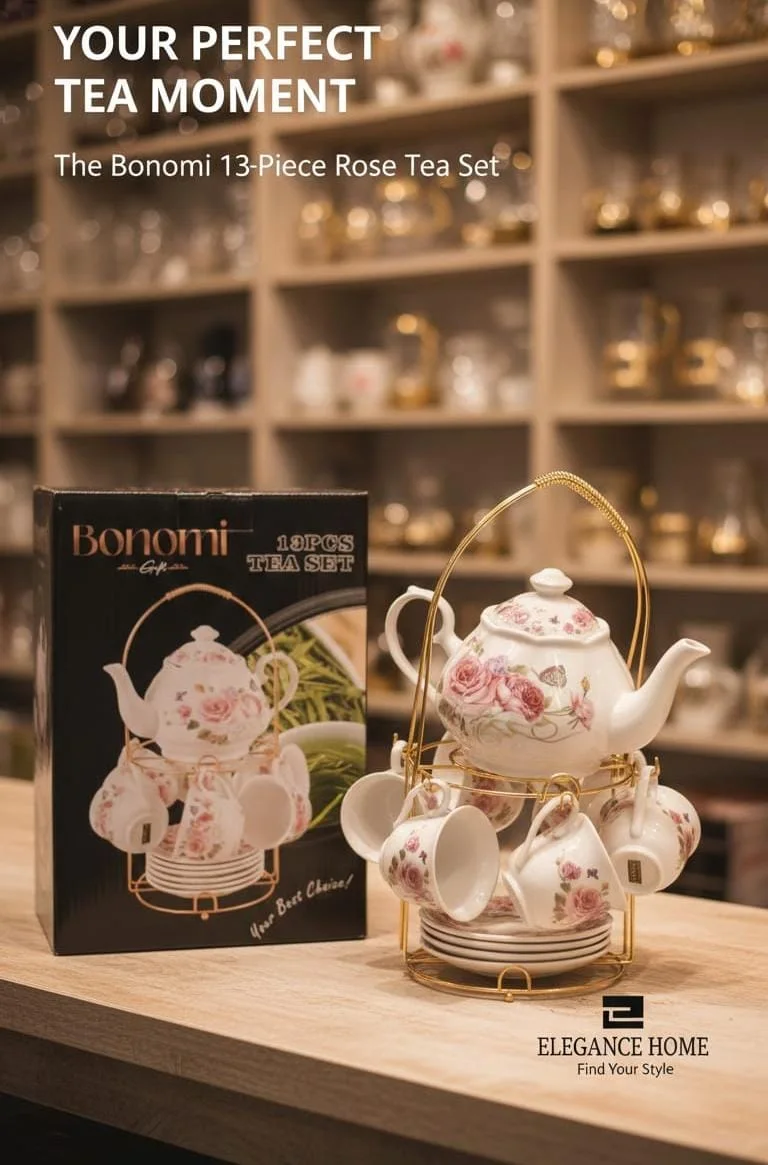 طقم شاي "بونومي" الزهري الملكي (13 قطعة) ☕🌹