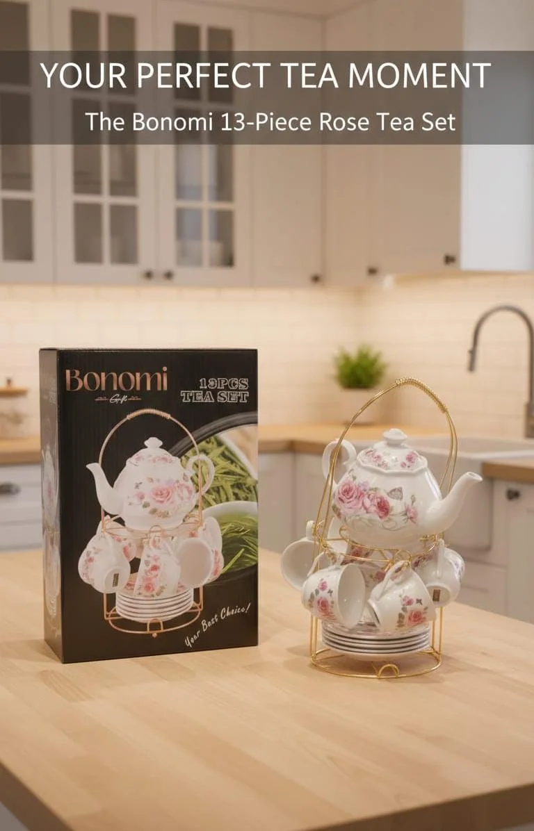 طقم شاي "بونومي" الزهري الملكي (13 قطعة) ☕🌹