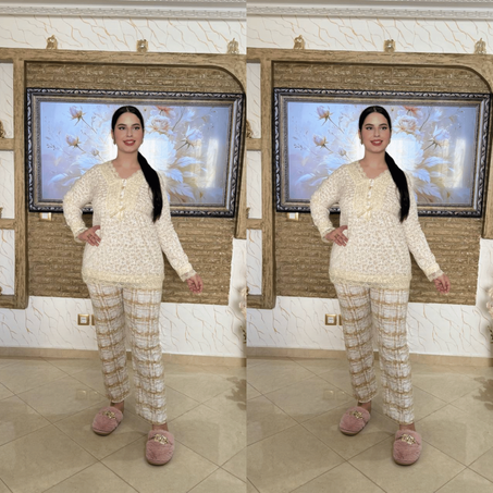 الجدييييد والحصري  بيجامة أنيقة ممبرة مراية أنيقة وهماوية  تصميم راقي ومميز، يجمع بين الدفء والأناقة، مثالي لفصل الخريف والشتاء.