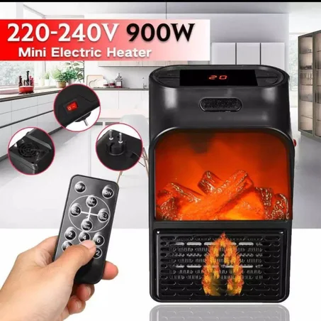 Chauffage Électrique Flamme 3D – سخان كهربائي صغير بالسيراميك 500 واط كيتربط فالفيشة، كيسخّن بسرعة، مع ريموت كنترول، حماية من السخونية الزايدة، وتصميم بحال المدفأة