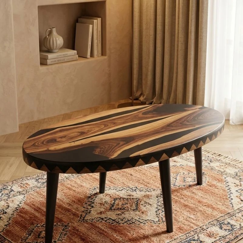 Table Ovale en bois de noyer et la Résine