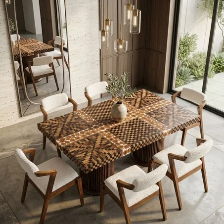 Table à manger en noyer et bois d’olivier + 6 Chaises