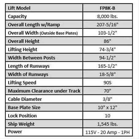 Tuxedo FP8K-B 8,000 lb Service Storage Lift - Basic