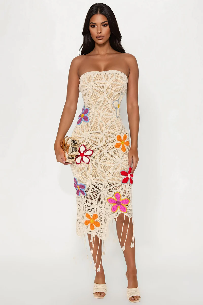 Vestido Midi On Island Time Crochet - Beige