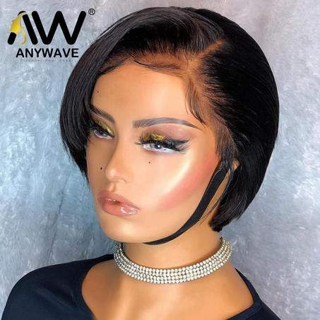 Peluca de cabello humano liso con corte Pixie para mujeres negras y blancas