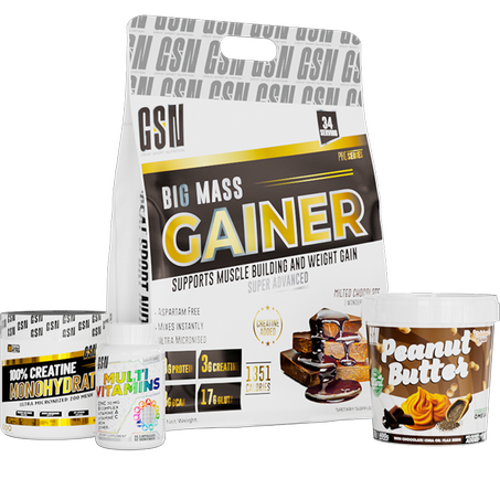 GSN GAIN SIZE : BIG MASS GAINER 6KG + CRÉATINE MONOHYDRATE 300G + MULTIVITAMIN + PEANUT BUTTER 400G