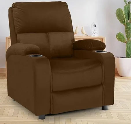 كرسي من إنتاج داخلي للمسرح المنزلي والقراءة والاسترخاء، يتميز بوضعيات استلقاء متعددة وتصميم مريح، مصنوع من المخمل، باللون البني