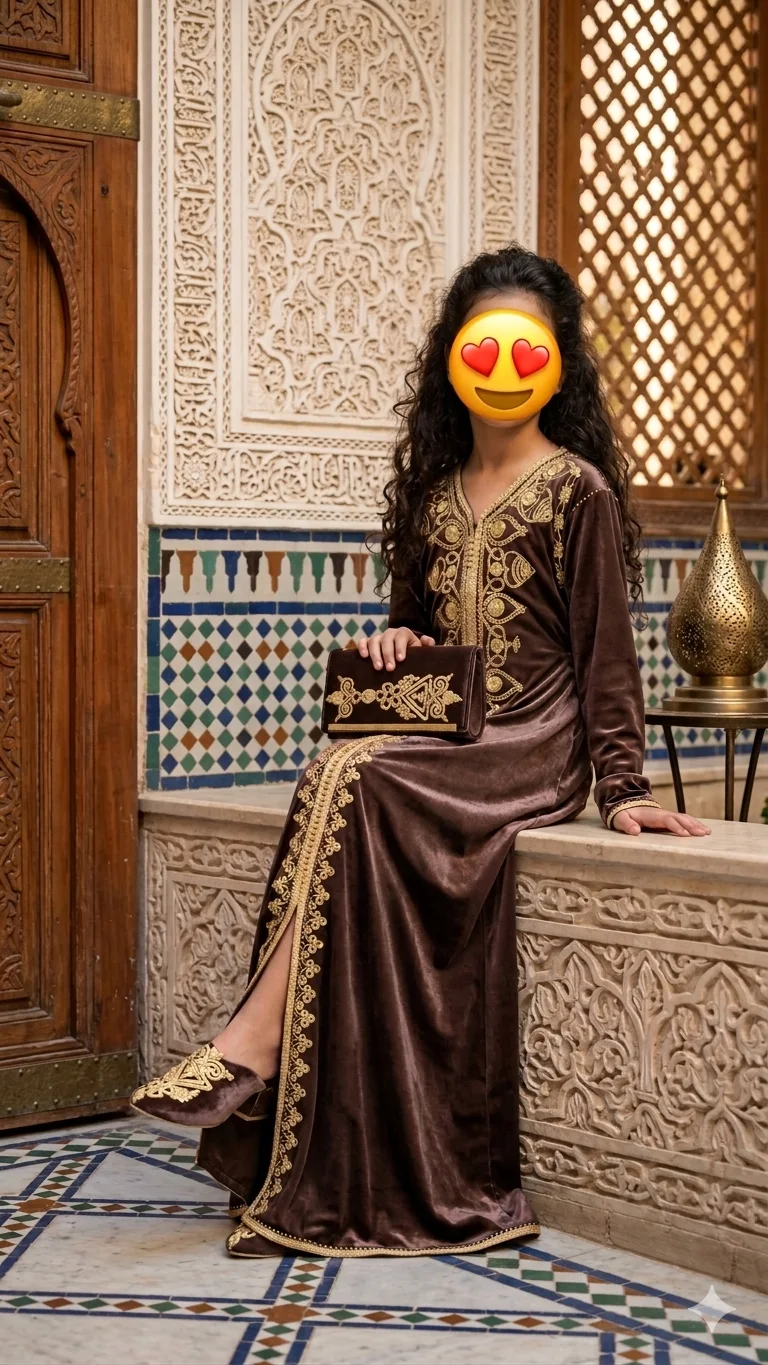 قفطان بناتي مخملي فاخر بتصميم تقليدي عصري مع بلغة و صاك