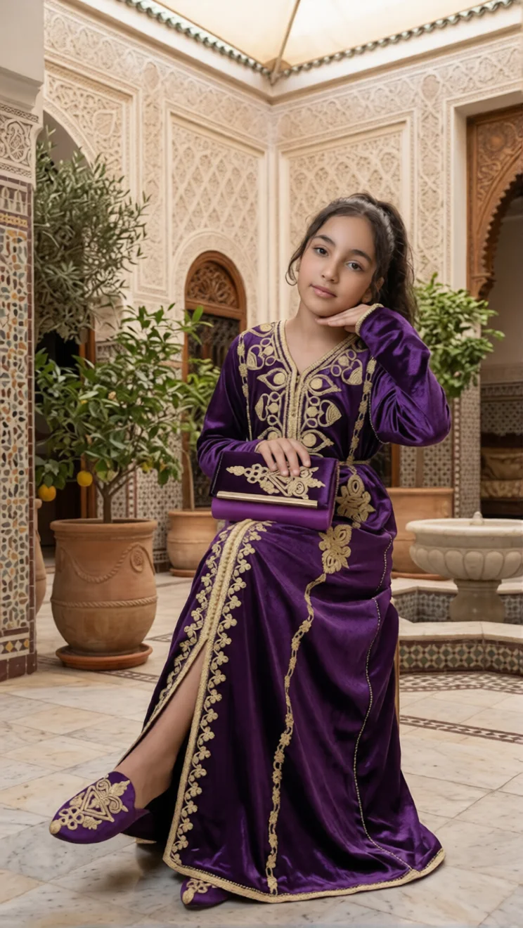 قفطان بناتي مخملي فاخر بتصميم تقليدي عصري مع بلغة و صاك