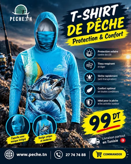 T-Shirt de pêche avec capuche & masque intégré