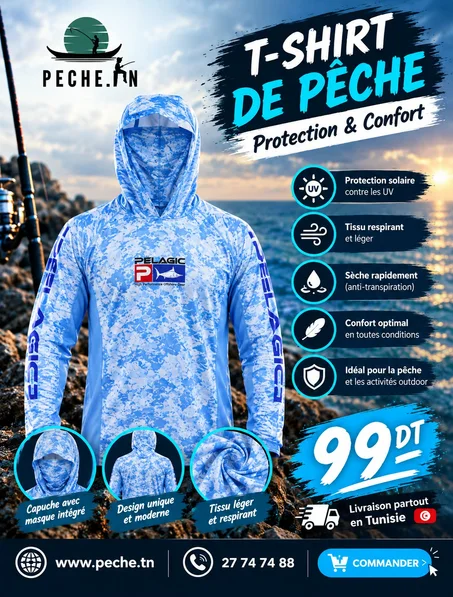 T-Shirt de pêche avec capuche & masque intégré