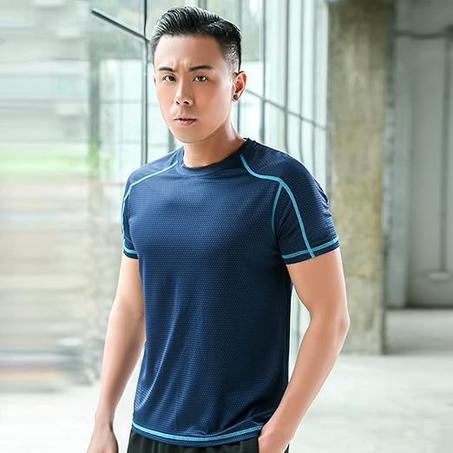 تيشيرت دراي فيت رياضي للرجال بأكمام قصيرة ماص للرطوبة وقبة دائرية للتمارين الرياضية