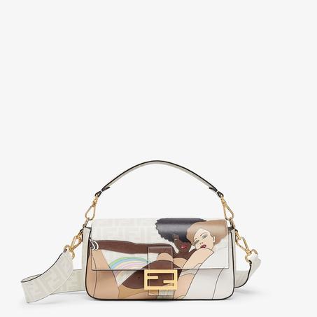 Baguette FF white glazed fabric bag with inlay - LuxurBags