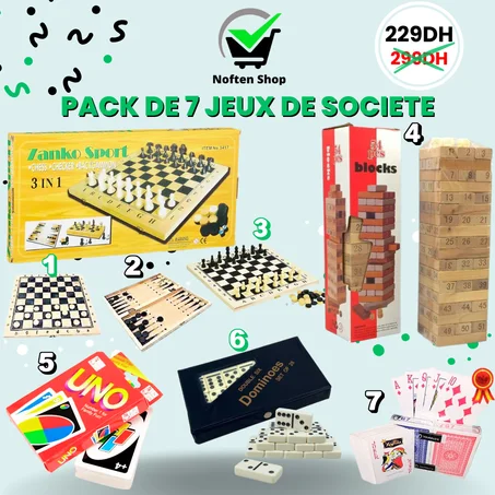 ECHIQUIER 3 EN 1 EN BOIS+JENGA EN BOIS +DOMINOS+UNO+RAMI