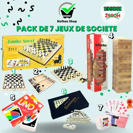 ECHIQUIER 3 EN 1 EN BOIS+JENGA EN BOIS +DOMINOS+UNO+RAMI