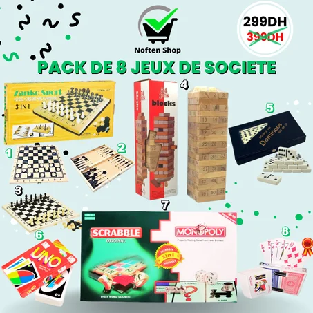 MONOPOLY + SCRABBLE +ECHIQUIER 3 EN 1 EN BOIS+JENGA EN BOIS +DOMINOS+UNO+RAMI