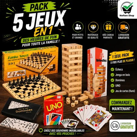 ECHIQUIER 3 EN 1 EN BOIS+JENGA EN BOIS +DOMINOS+UNO+RAMI