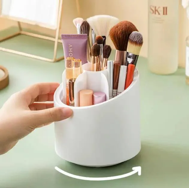 Porte-pinceaux de maquillage avec couvercle, organisateur rotatif