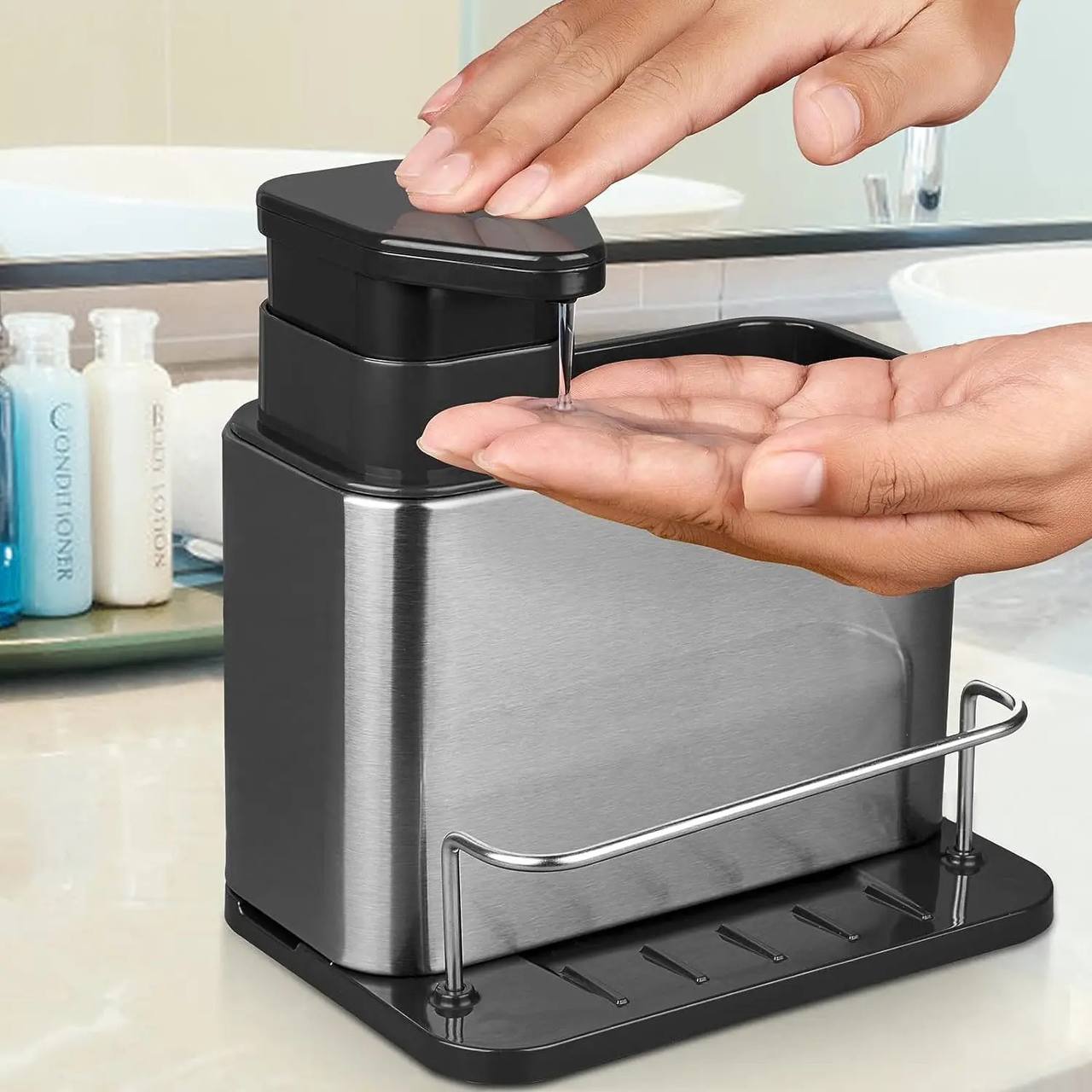 Porte-éponge 3 en 1 pour évier de cuisine, distributeur de savon liquide, égouttoir à plateau