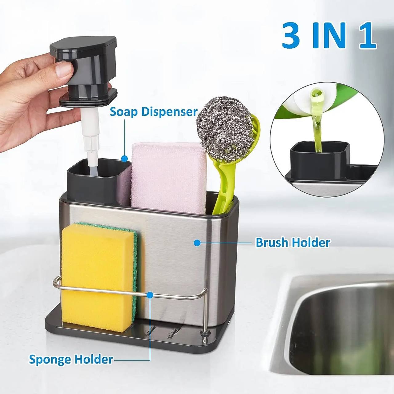 Porte-éponge 3 en 1 pour évier de cuisine, distributeur de savon liquide, égouttoir à plateau