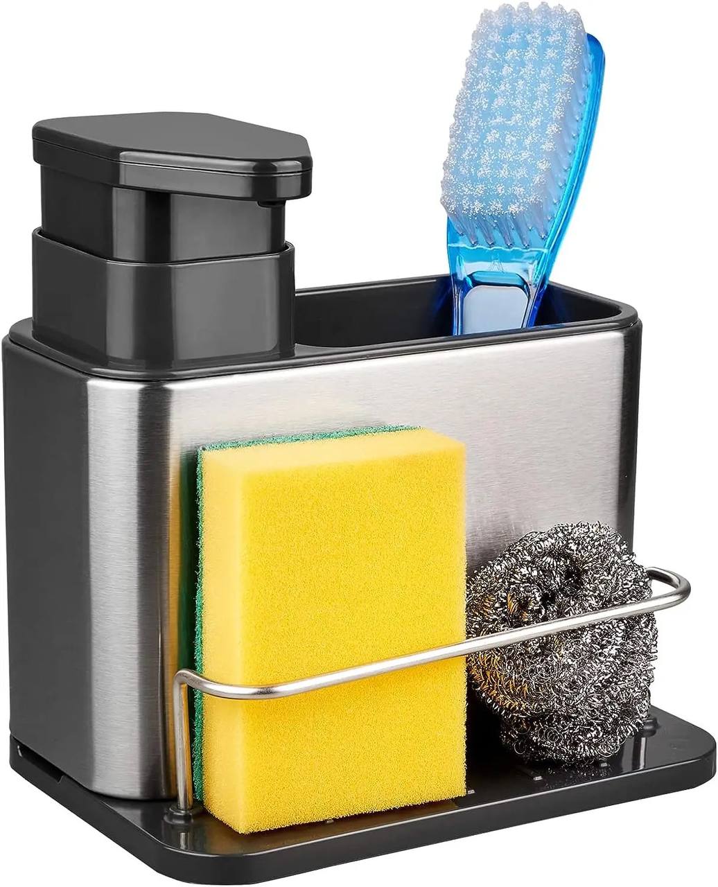 Porte-éponge 3 en 1 pour évier de cuisine, distributeur de savon liquide, égouttoir à plateau