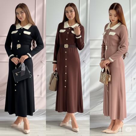 فستان نسائي طويل محبوك - تصميم عصري بياقة بيضاء وجيوب أمامية - موديل أنيق بأزرار