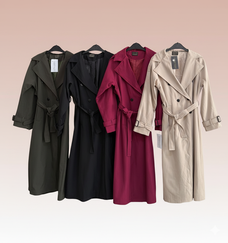 معطف ترانش كوت طويل بحزام - معطف نسائي أنيق بأزرار مزدوجة وتصميم كلاسيكي - متوفر بألوان متعددة﻿