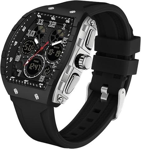 ساعة عصرية للرجال بمينا مستطيل مجوف فريد - ساعة يد رياضية مقاومة للماء تتميز بشاشة عرض رقمية وانالوج مزدوجة، وظيفة ساعة توقيت، سوار سيليكون، ساعة رسمية بنمط بانك (اسود)