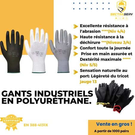 Gants industriels polyuréthane haute résistance — Certification EN 388(4131X) — Vente en gros
