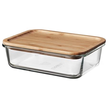 Food container with lid, rectangular glass/bamboo