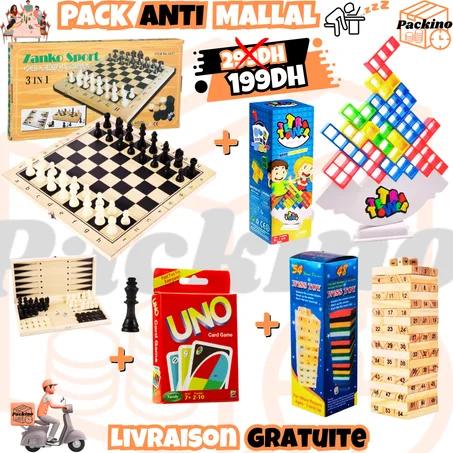 ECHIQUIER 3 EN 1 EN BOIS+JENGA +TETRA TOWER+UNO