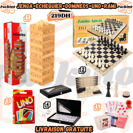 ECHIQUIER 3 EN 1 EN BOIS+JENGA +DOMINO+RAMI+UNO