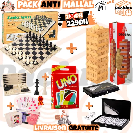 ECHIQUIER 3 EN 1 EN BOIS+JENGA +DOMINO+RAMI+UNO