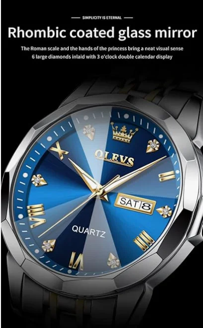ساعة أوليفز رجالية مرصعة بالألماس، مناسبة للأعمال الرسمية، تعمل بنظام كوارتز تناظري، مصنوعة من الفولاذ المقاوم للصدأ، مقاومة للماء، مزودة بمؤشر تاريخ مضيء، لونين، ساعة يد فاخرة بلون أزرق (cop