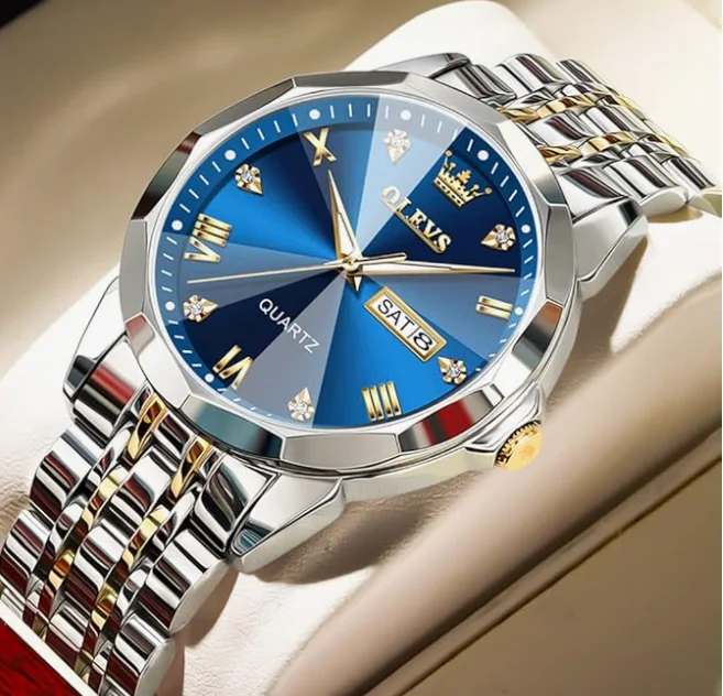 ساعة أوليفز رجالية مرصعة بالألماس، مناسبة للأعمال الرسمية، تعمل بنظام كوارتز تناظري، مصنوعة من الفولاذ المقاوم للصدأ، مقاومة للماء، مزودة بمؤشر تاريخ مضيء، لونين، ساعة يد فاخرة بلون أزرق (cop